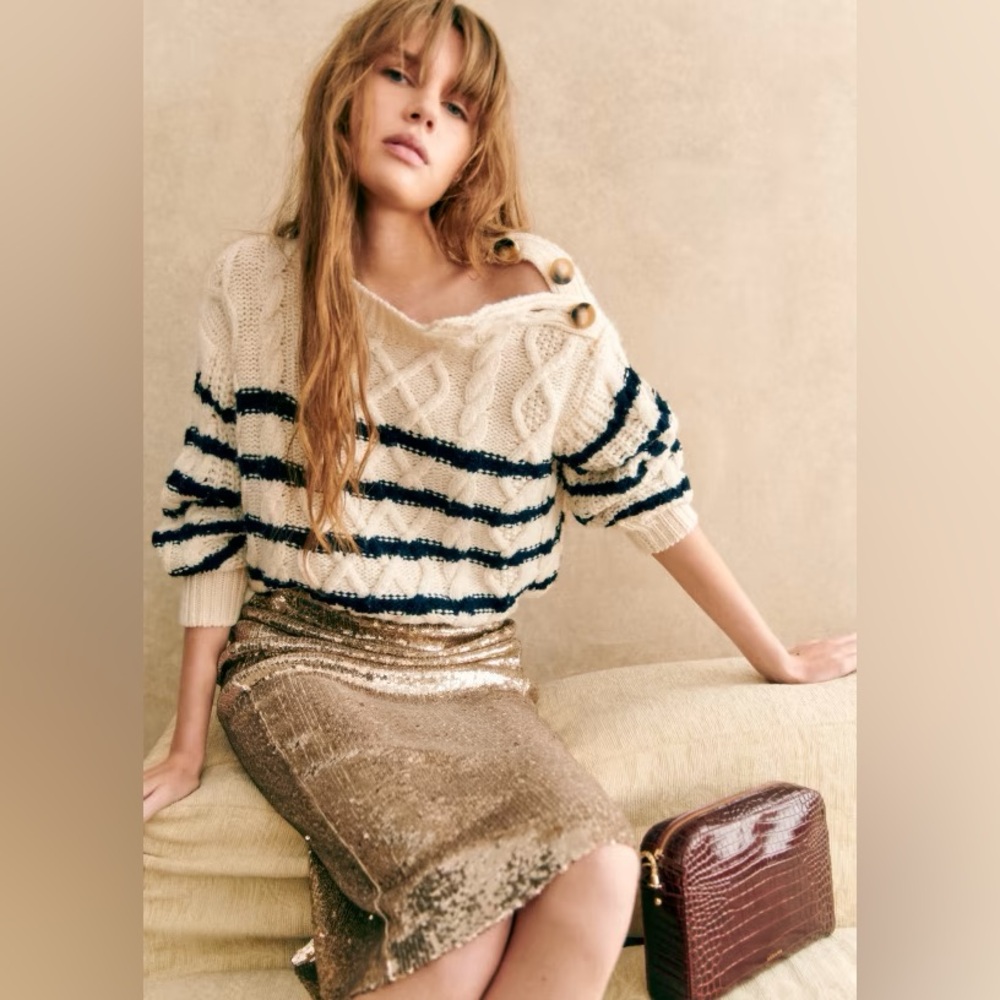 Sezane Cream Cable Knit Sweater with Navy Stripes